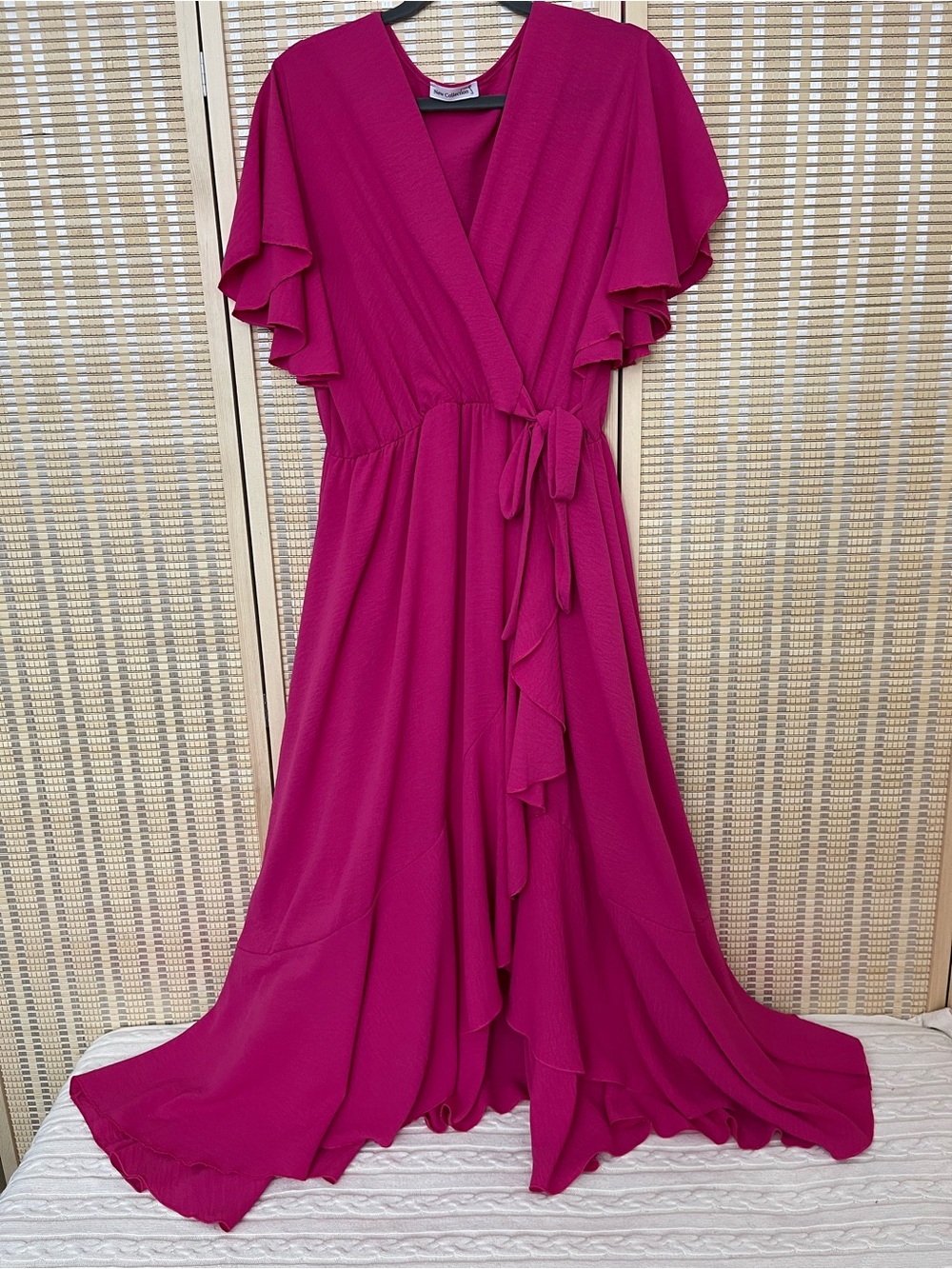 Italian Flutter-Sleeve Wrap Maxi Dress in Fuchsia - Picture 2 of 6